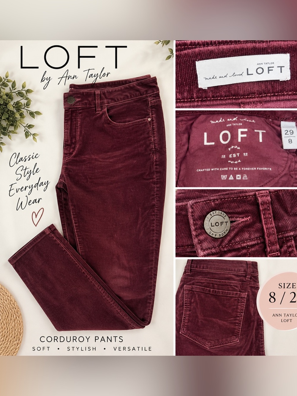 LOFT Burgundy Corduroy Pants Size 8 / 29 Wine Skinny Straight Fall